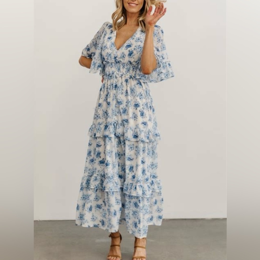 BALTICBØRN Iris tiered floral white blue maxi dress